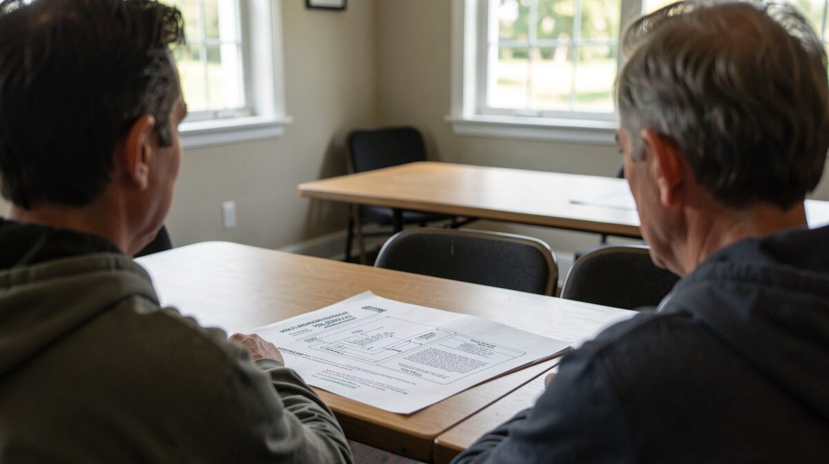 A community meeting room in Indiana with a printed utility interconnection document on a folding table, lit by afternoon window light, shot close over the shoulders of two seated readers.