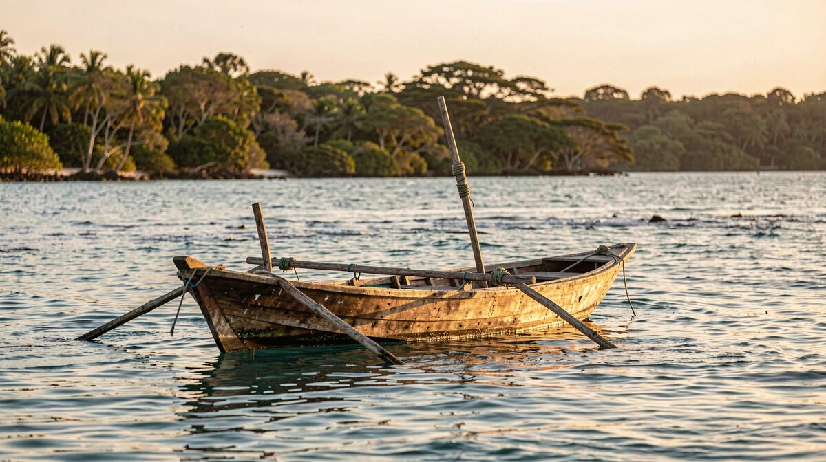 A wooden fishing pirogue moored at dawn near a reef pass in northern Madagascar, low golden light, wide framing from the water line.