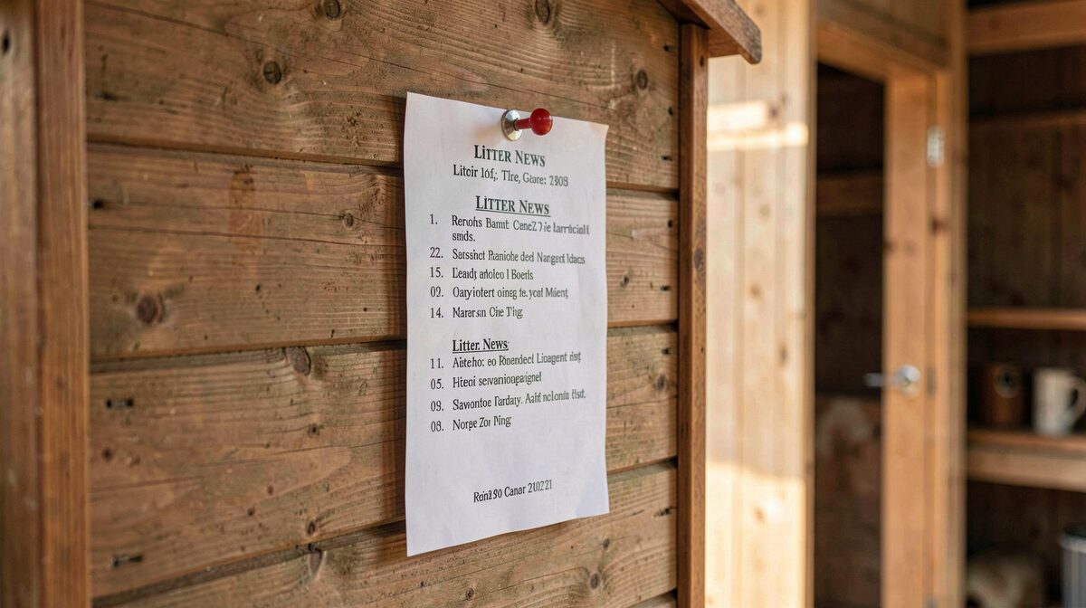 A wooden kennel noticeboard with a pinned, dated sheet of paper listing litter news, photographed in soft morning light, close framing.